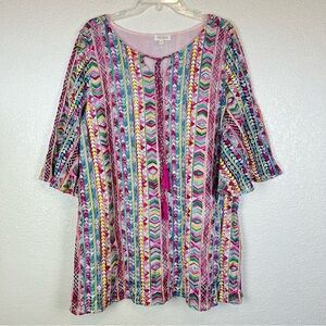 Velzera Pink Boho Embroidered Boxy Tunic Top Mini Dress Tassle Ties size Large
